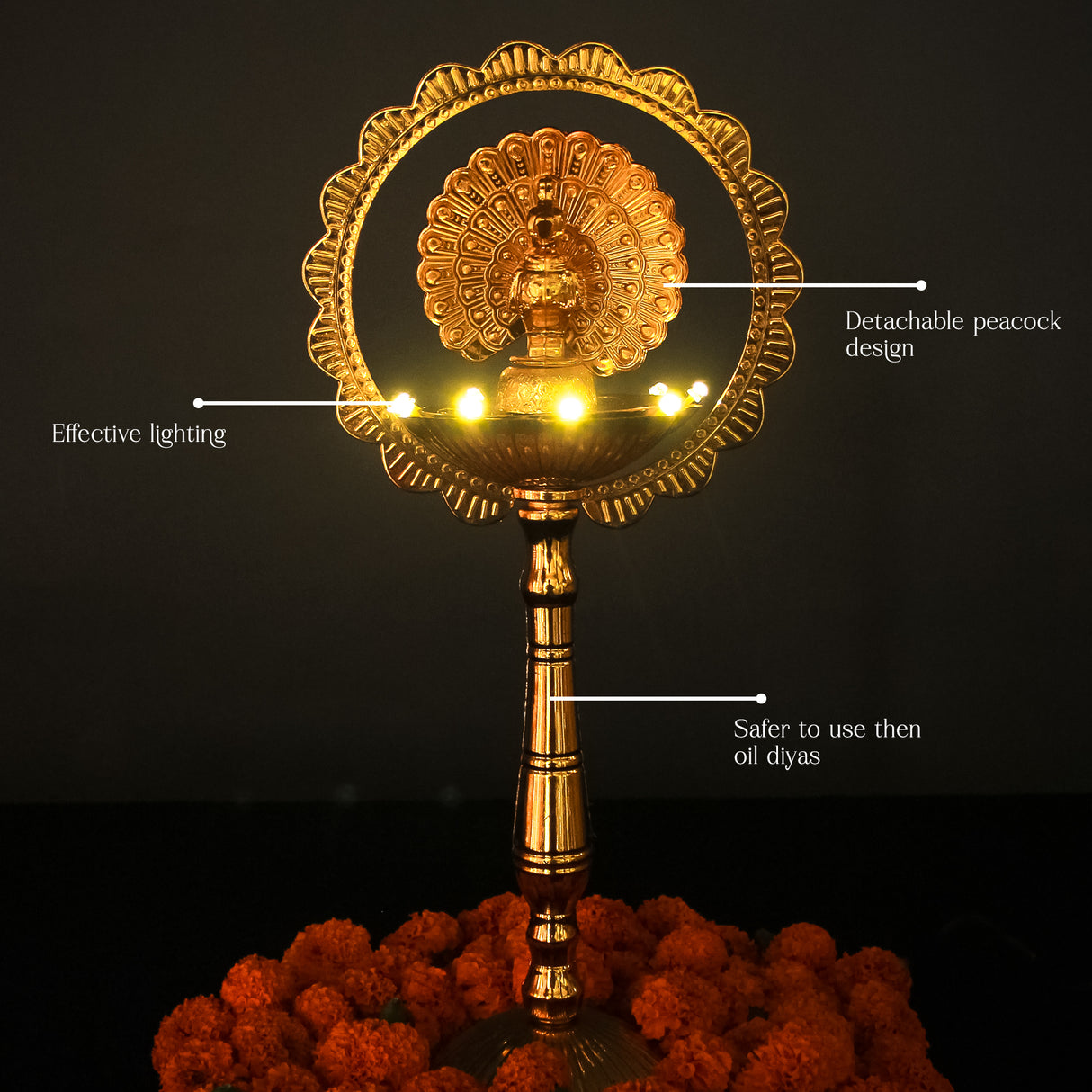 Saleberate Electric LED Diya Lamp - Golden Plastic Pooja Light with Peacock Design - Home Temple Decor, Mandir Diya for Diwali & Religious Ceremonies (15 Inch)