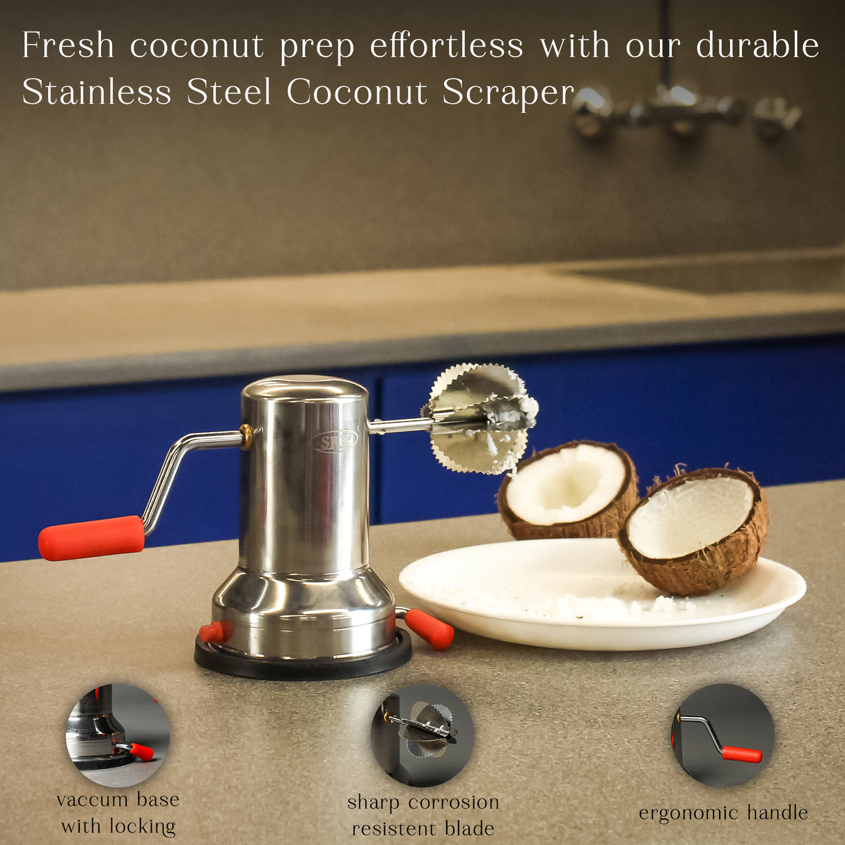 Free Interchangeable Blade Included – Stainless Steel Coconut Scraper for Kitchen – Manual Shredder with Rotatable Handle, Vacuum Base, Easy Operation, Durable Silver Tool