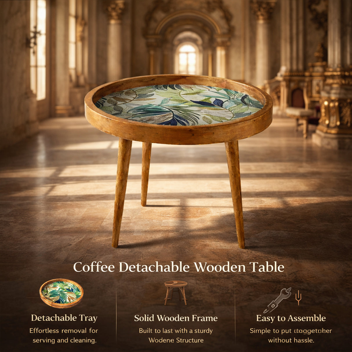 Handcrafted Wooden Round Side Table with Floral Inlay Top – Solid Wood Accent Table for Living Room, Bedroom & Home Décor