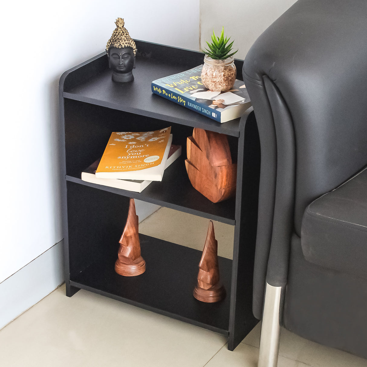 Elegant Wooden DIY Side Table with Storage & Shelves Modern Black