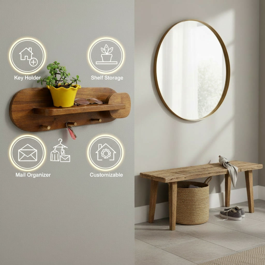 Wall Mounted Entryway Organizer – Key Holder with Shelf, Mail Organizer & Coat Rack for Keys, Letters & Home Storage