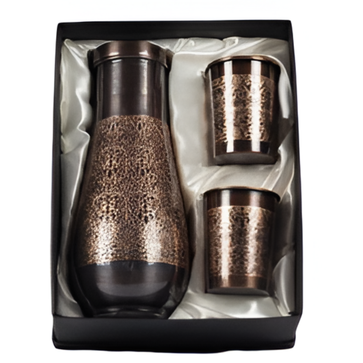 Antique Royal Copper Tulip Jar Set with 2 Embossed Glasses - Ayurvedic Gift Set