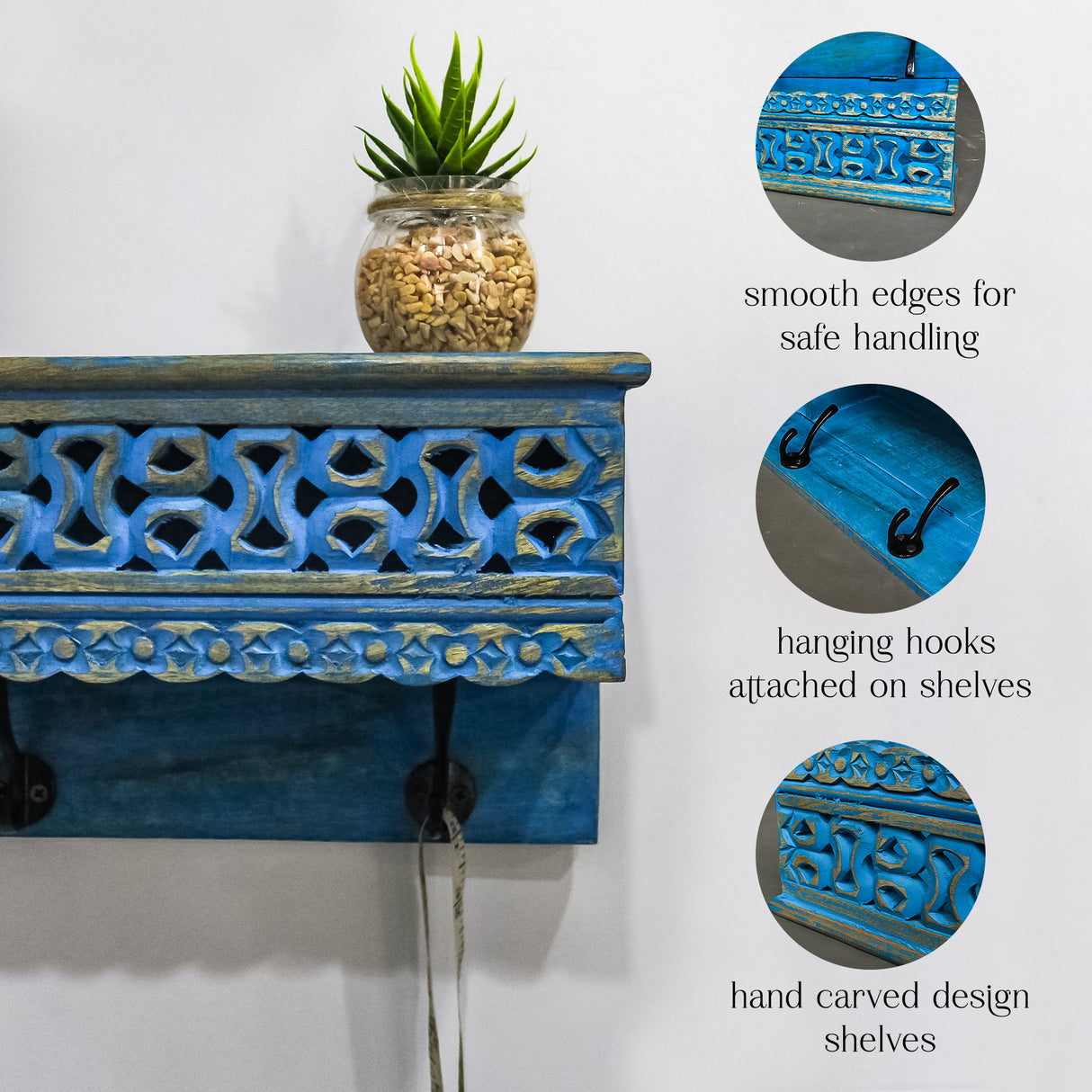 Handcrafted Wooden Floating Shelf with 4 Hooks for Keys, Hats, and Decor