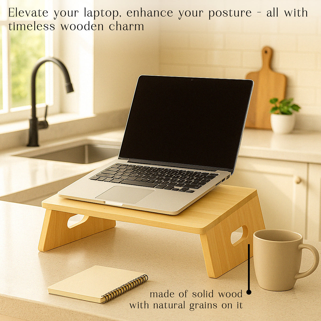 Wood Laptop Stand for MacBook โ Body-friendly Desk , Wooden Computer Holder, Office Accessories, Work from Home Gift, Workspace Organizer