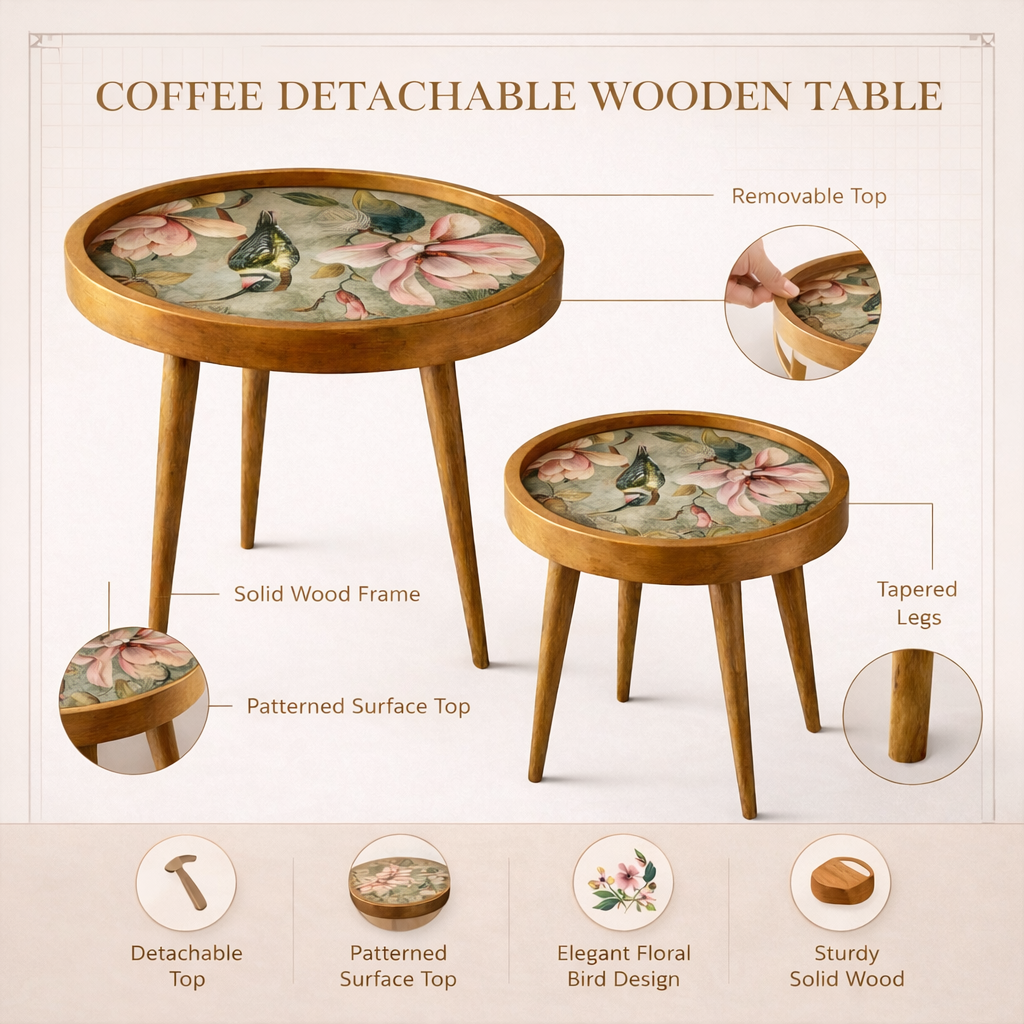 Handcrafted Wooden Round Coffee Table Set of 2 – Solid Wood Nesting Side Tables with Decorative Inlay Top for Living Room & Balcony