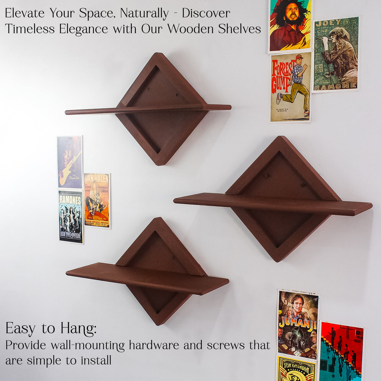 3-Piece Diamond Shaped Wooden Wall Shelf Set – Floating Wall Shelves for Decor