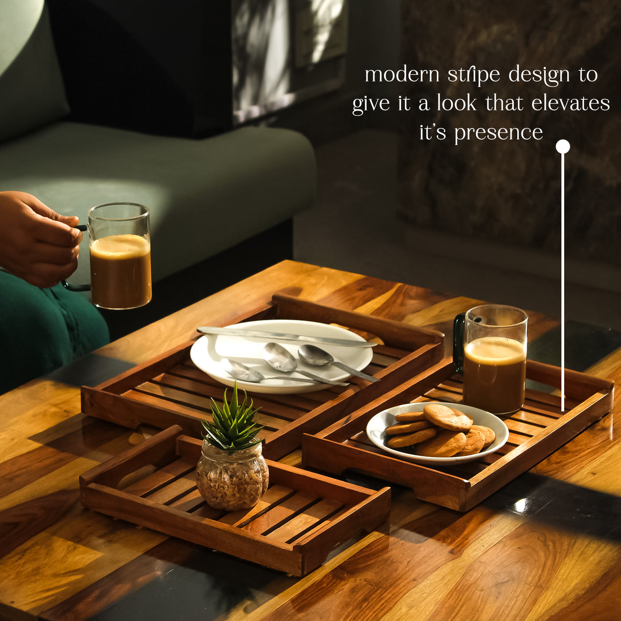 Wooden Serving Tray Set – 3-Piece Acacia Wood Breakfast, Coffee & Tea Trays with Handles – Decorative & Durable Kitchen Serving Platters