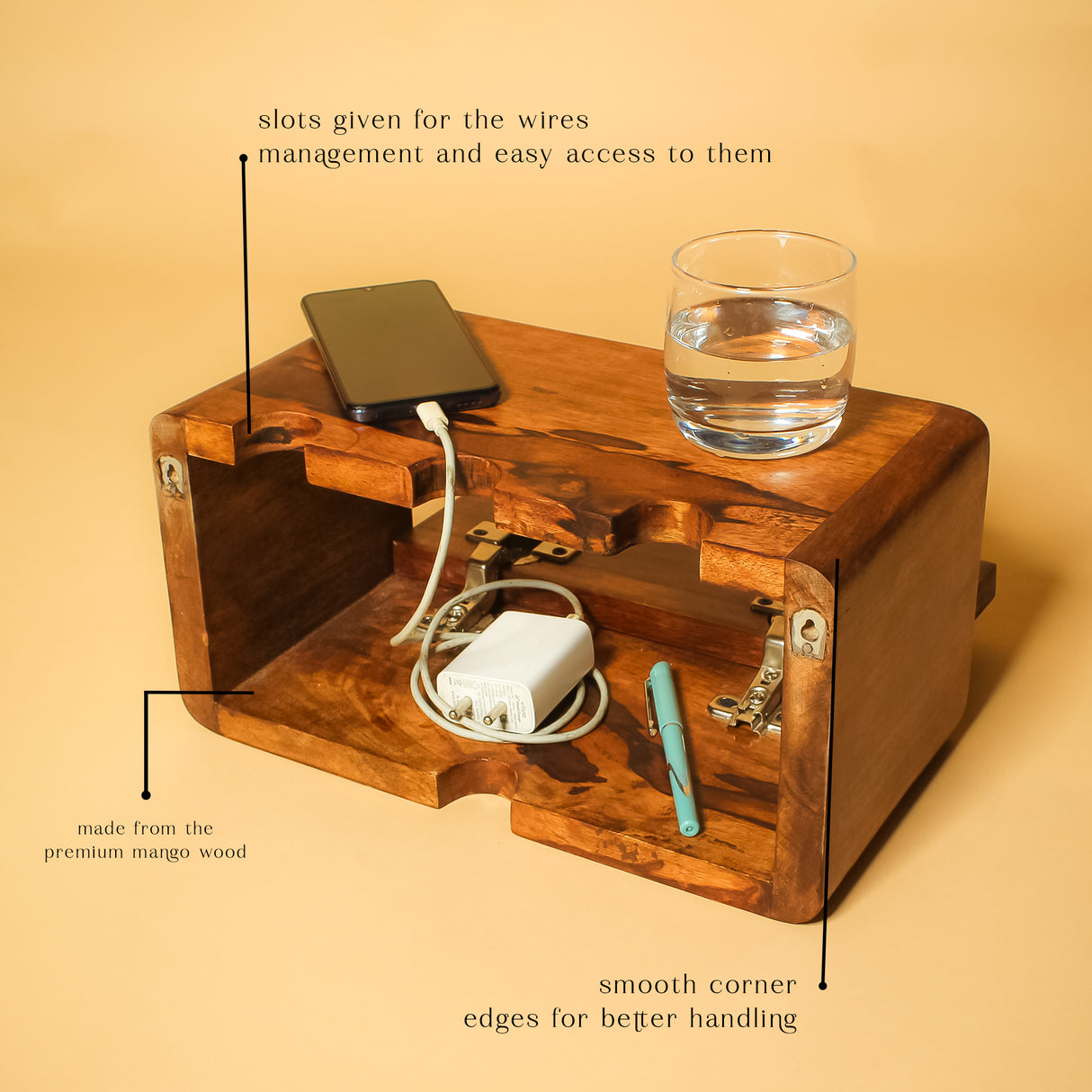 Wooden Cable Management Box with Drawer – Floating Wall Mount Storage Shelf, Cord Organizer, Wooden Cord Box for Wires, Chargers, Gadgets – Wood Cable Hider for Home & Office