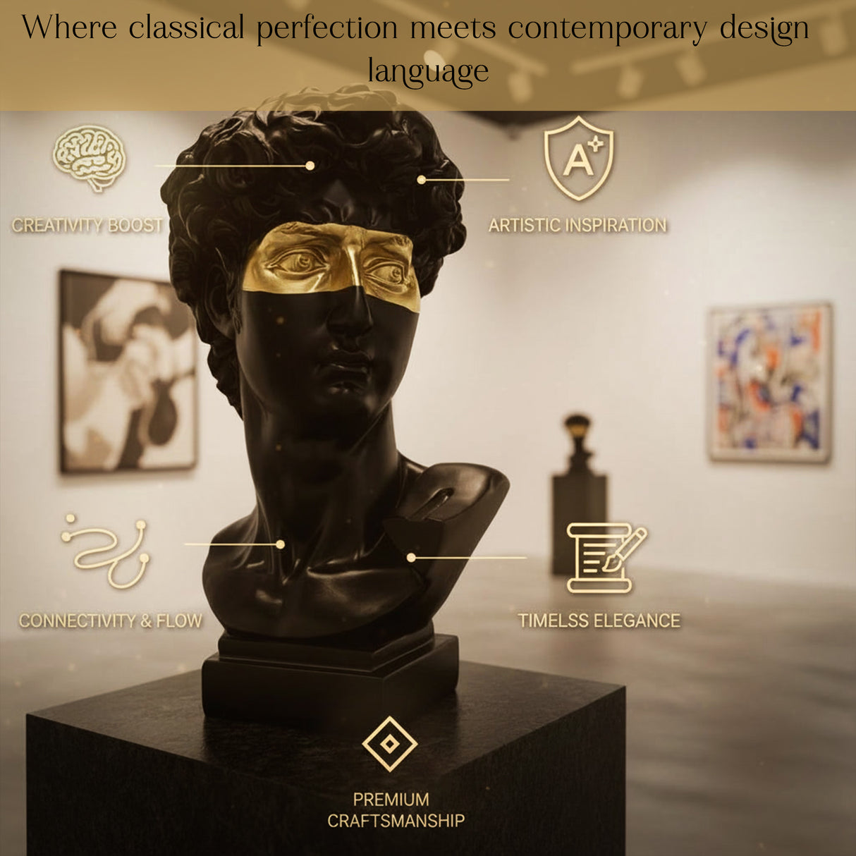 Modern David Head Sculpture with Gold Mask – Luxury Abstract Art Bust for Living Room, Office & Contemporary Home Décor