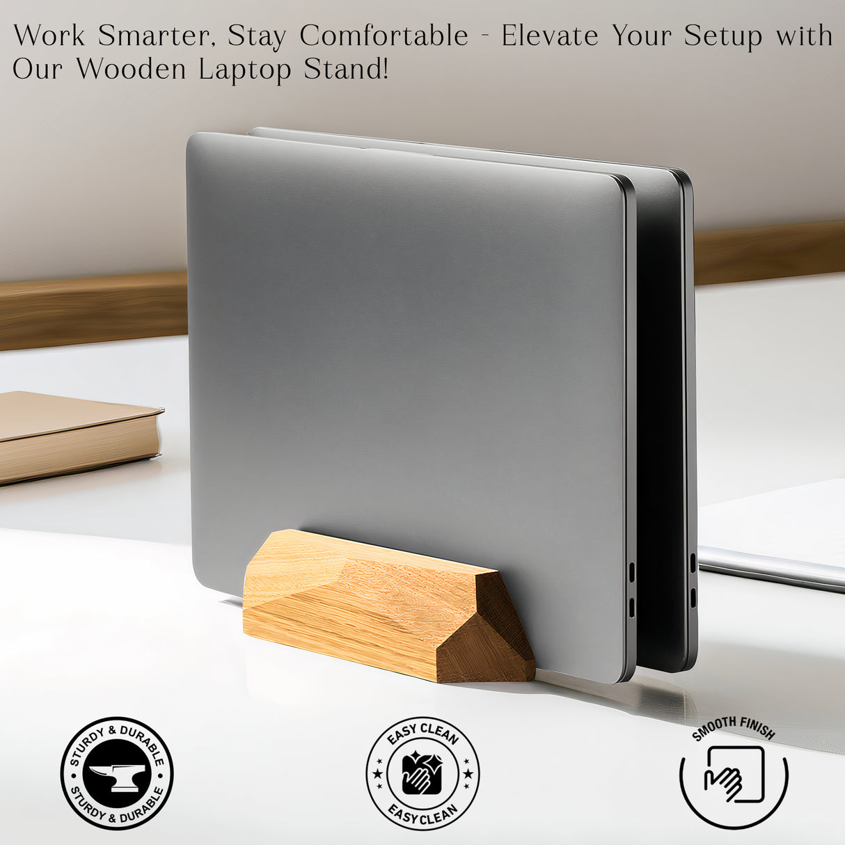 Wooden Dual Slot Laptop Stand – Vertical Holder for MacBook, Tablet & Phone