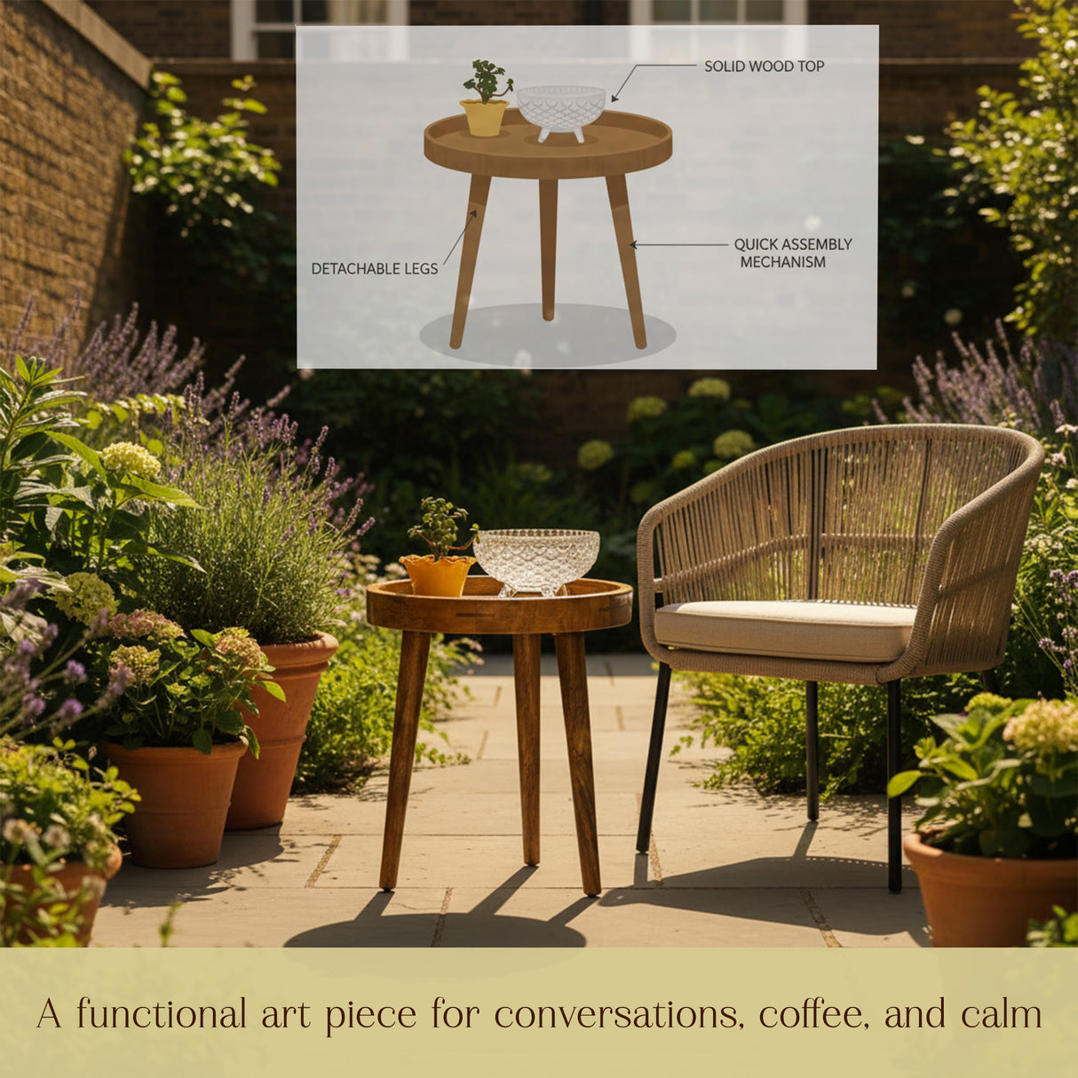 Handcrafted Wooden Round Side Table with Decorative Inlay Top – Solid Wood Accent Table for Living Room, Bedroom & Home Décor