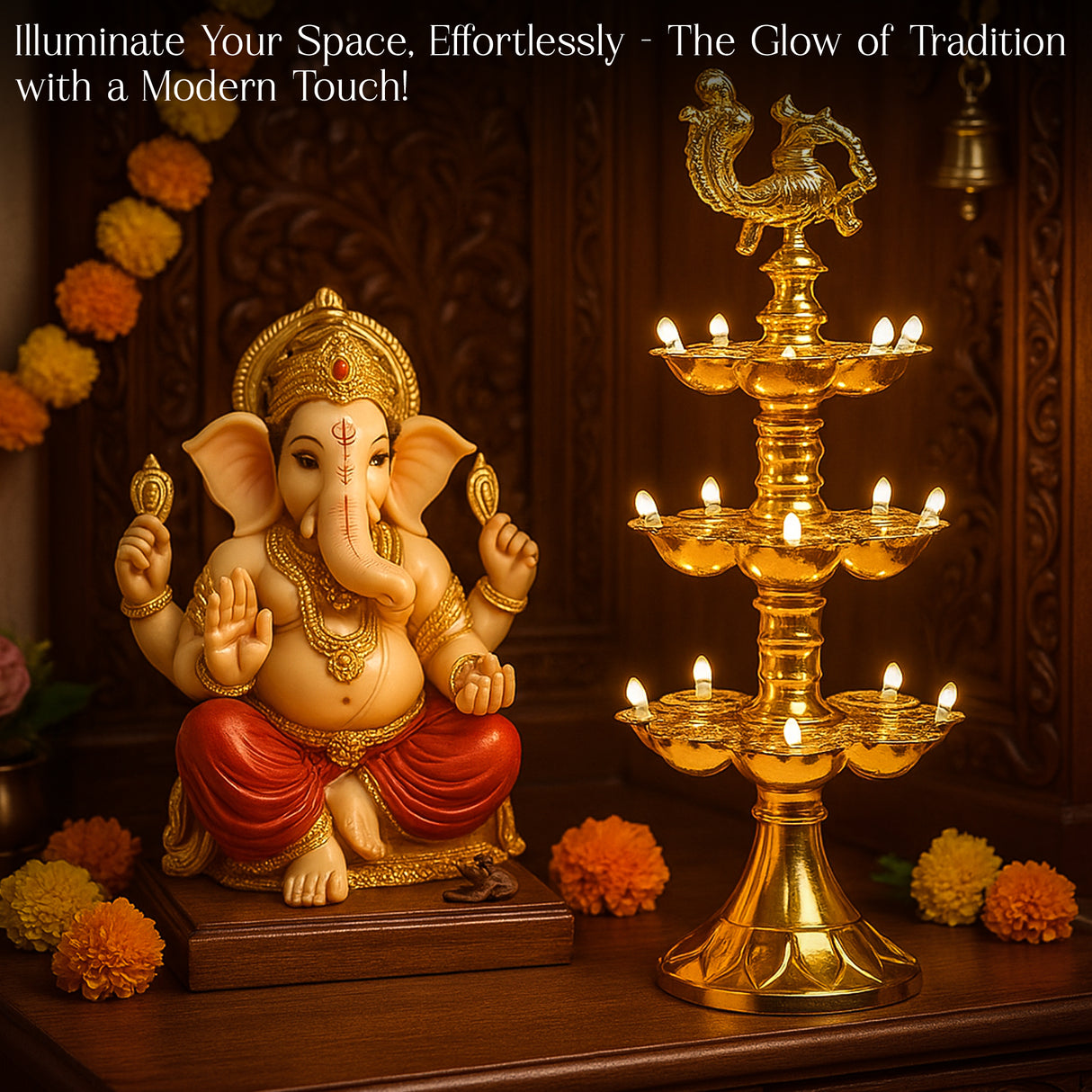 Electric Golden Peacock Top LED Diya Lamp for Pooja Room, Mandir Decoration & Diwali Festival – 11 Inch