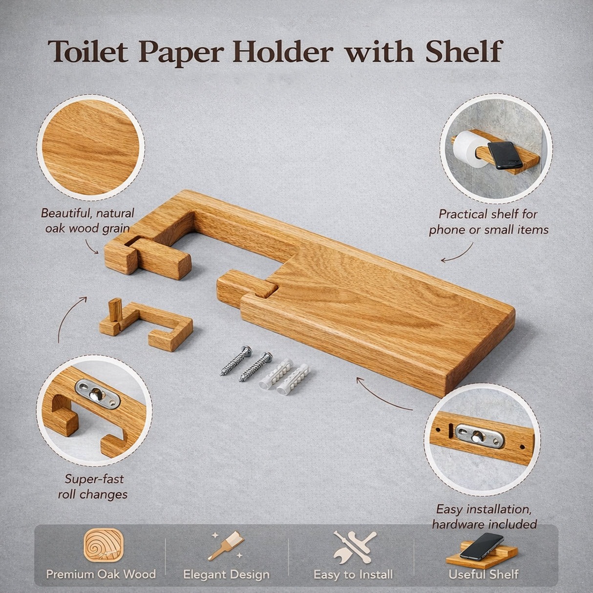 Wooden Toilet Paper Holder with Shelf – Stylish Bathroom Roll Holder with Phone Stand