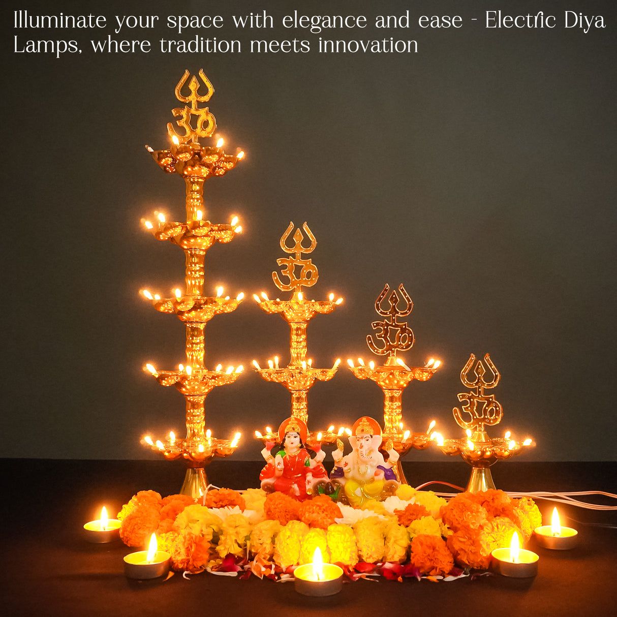 Get FREE Wall Hanging | Electric Diya Lamp for Mandir Décor | OM & Trishul Design | Multi-Level Deepam Vilakku for Diwali, Pooja, Temple, and Home Décor
