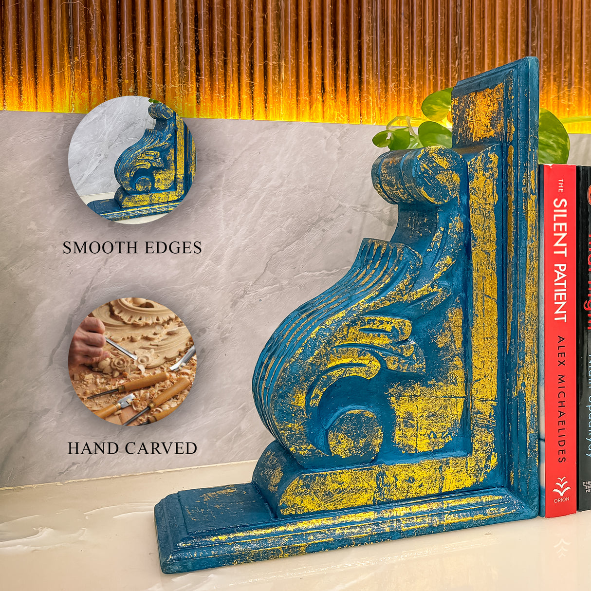 Premium Rustic Wooden Bookends for Living Room, Decorative house Shelf Decor