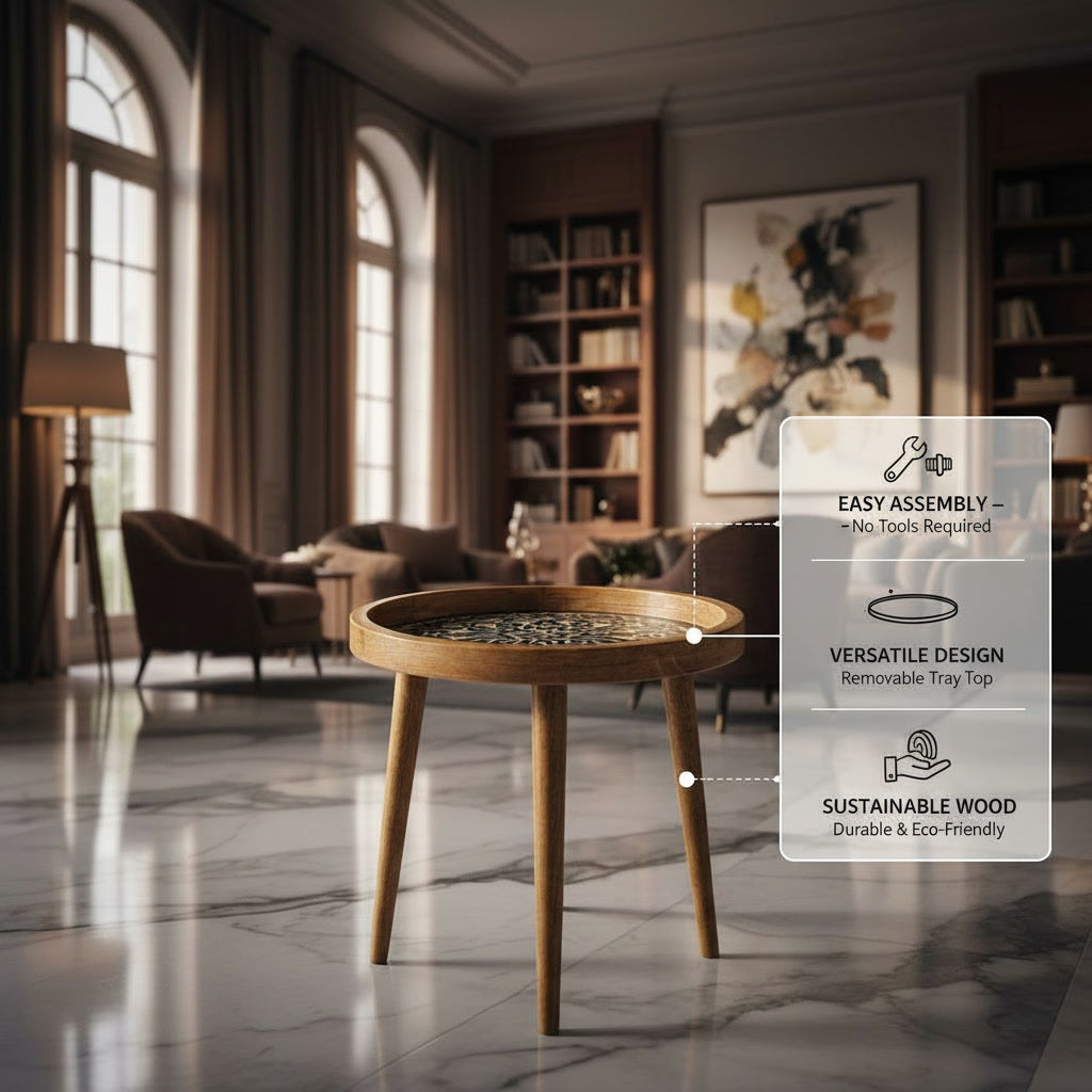 Handcrafted Wooden Round Side Table with Detachable Legs – Solid Wood Accent Table for Living Room, Bedroom & Home Décor