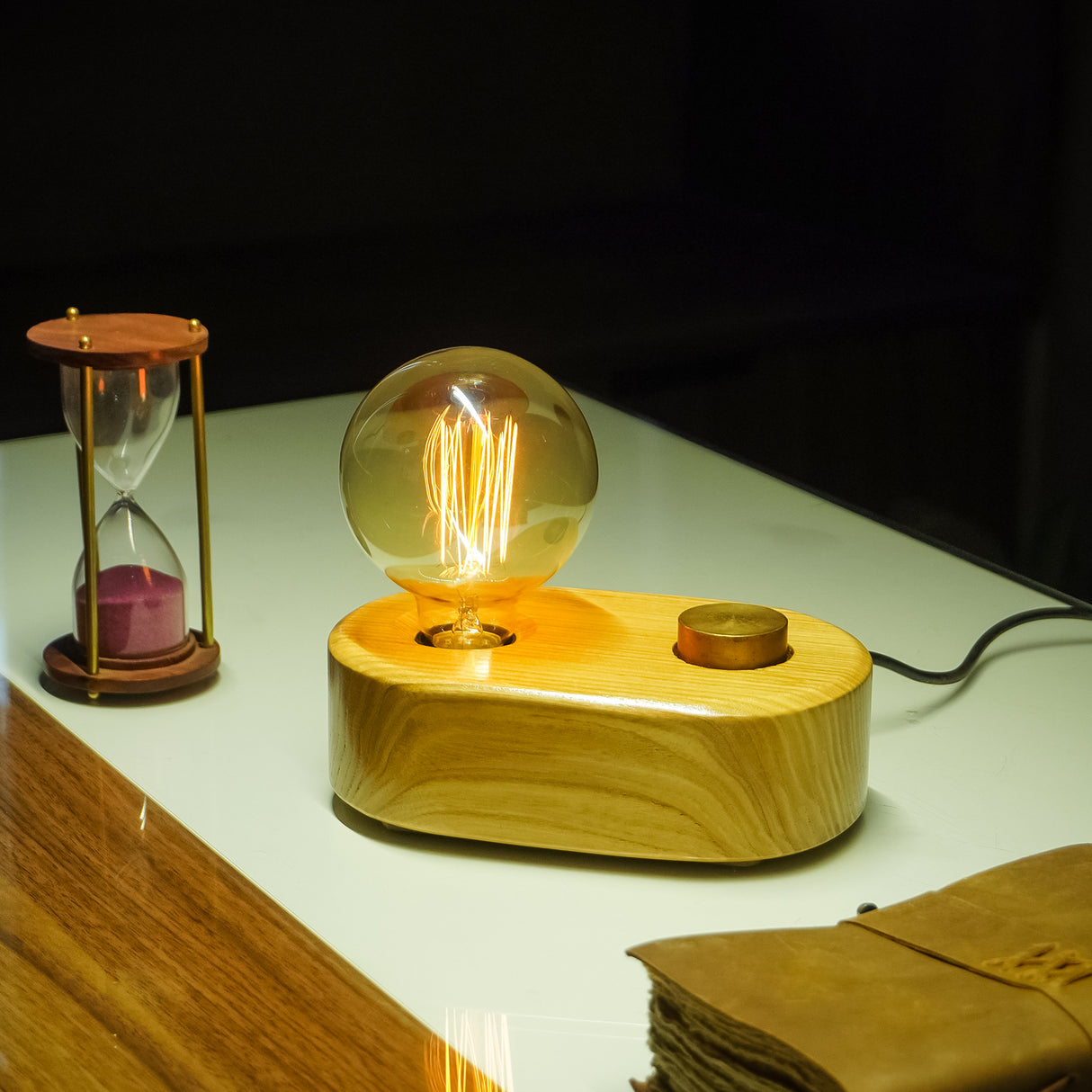 Sleek Rounded Wooden Desk Lamp with Adjustable Glow