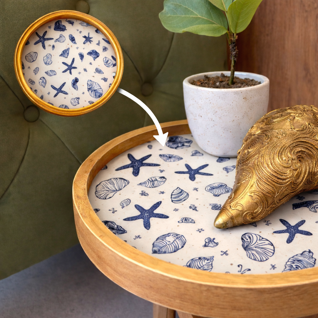 Solid Wood Round Coffee Table Set of 2 with Coastal Seashell & Starfish Print - Handmade Tray-Top Nesting Side Tables for Living Room, Bedroom & Balcony Décor