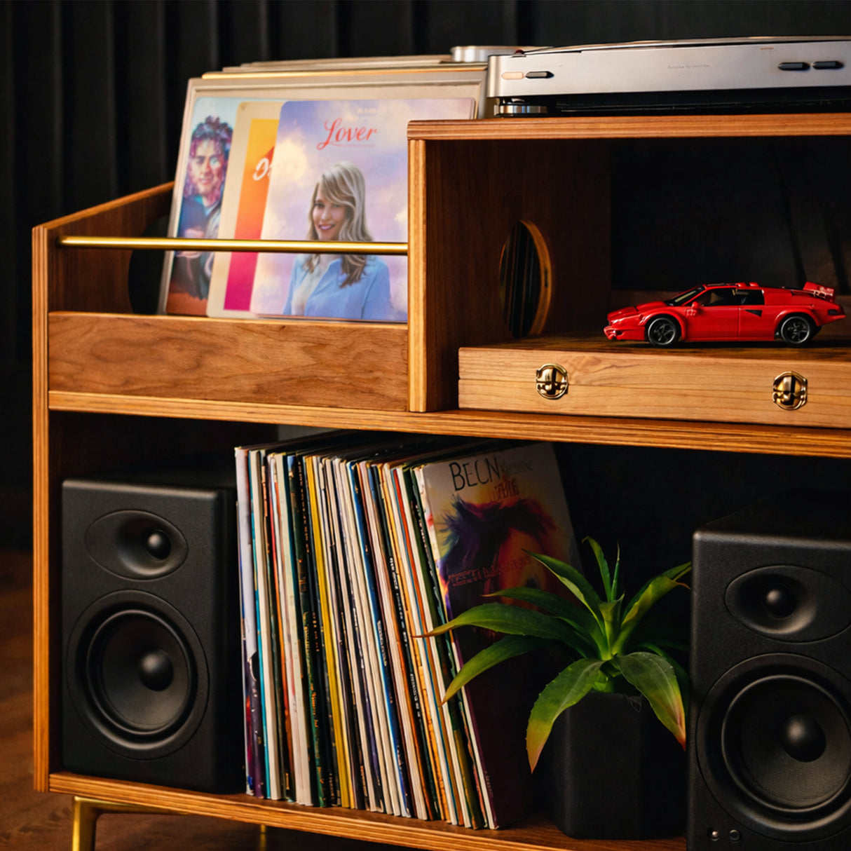 Luxury Vinyl Record Storage Cabinet – Wooden Turntable Stand with Open Shelves, High-Capacity LP Storage & Integrated Audio Shelf