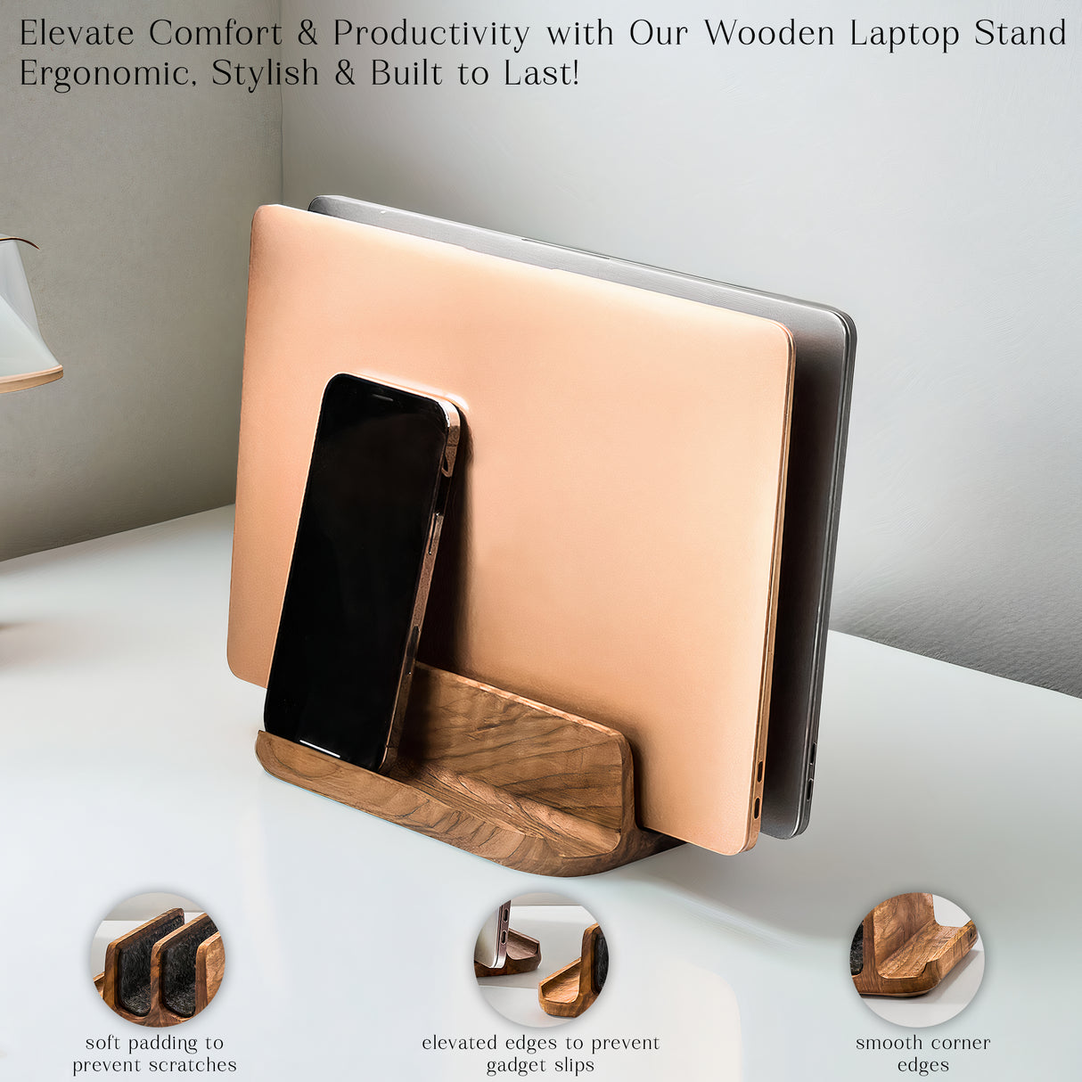 Wooden Dual Slot Laptop Stand – Vertical Holder for MacBook, Tablet & Phone