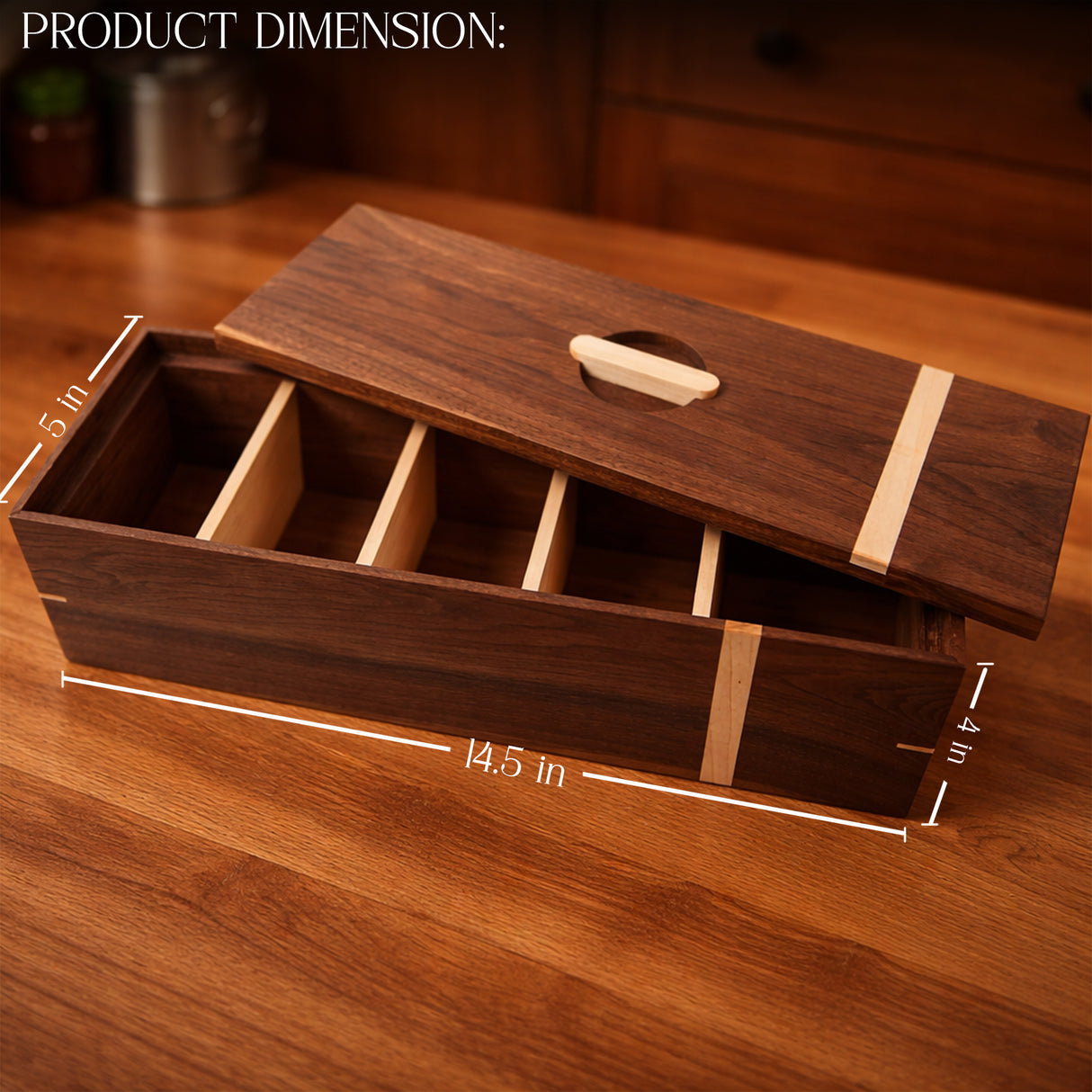 Luxury Walnut Tea Box with Maple Inlay – Wooden Tea Organizer for Tea Bags, Kitchen & Gifts