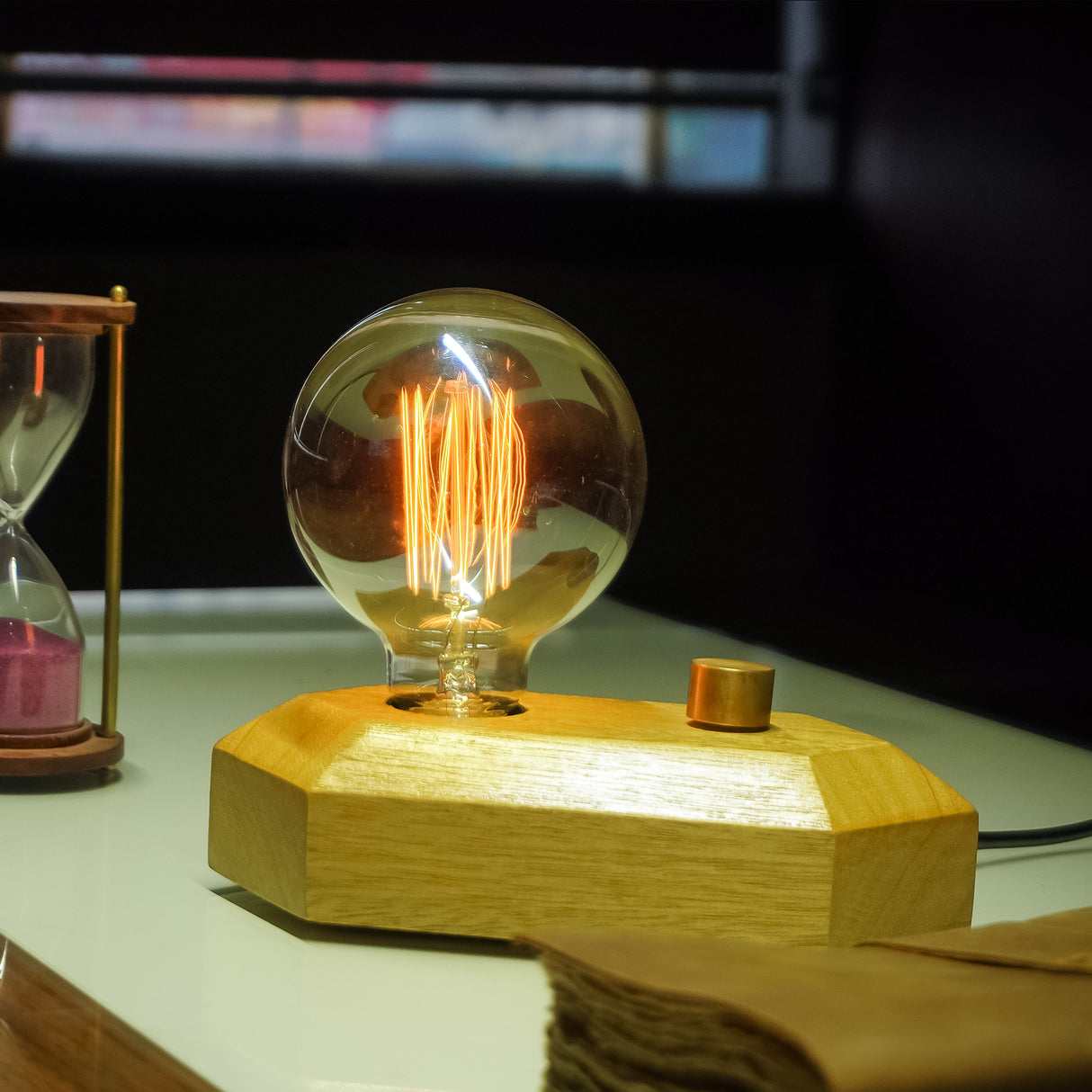 Handcrafted Geometric Wooden Lamp with Adjustable Glow