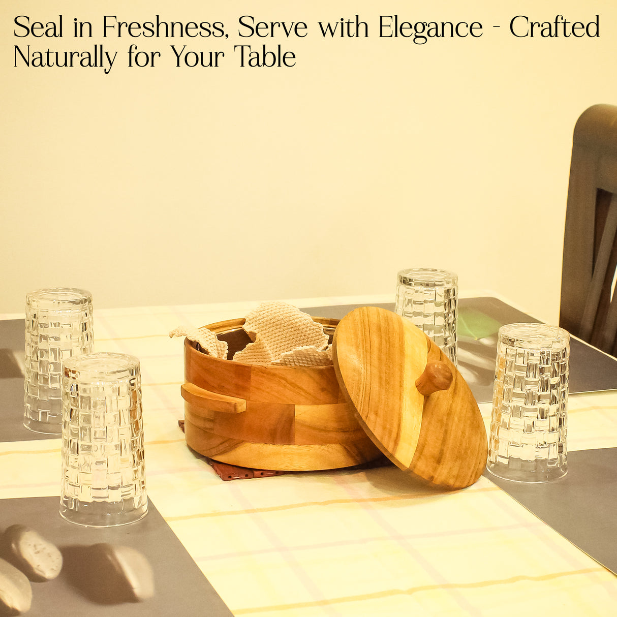 Handcrafted Wooden Casserole with Lid – 8.5 Inch Round Acacia Wood Serving Dish with Handles