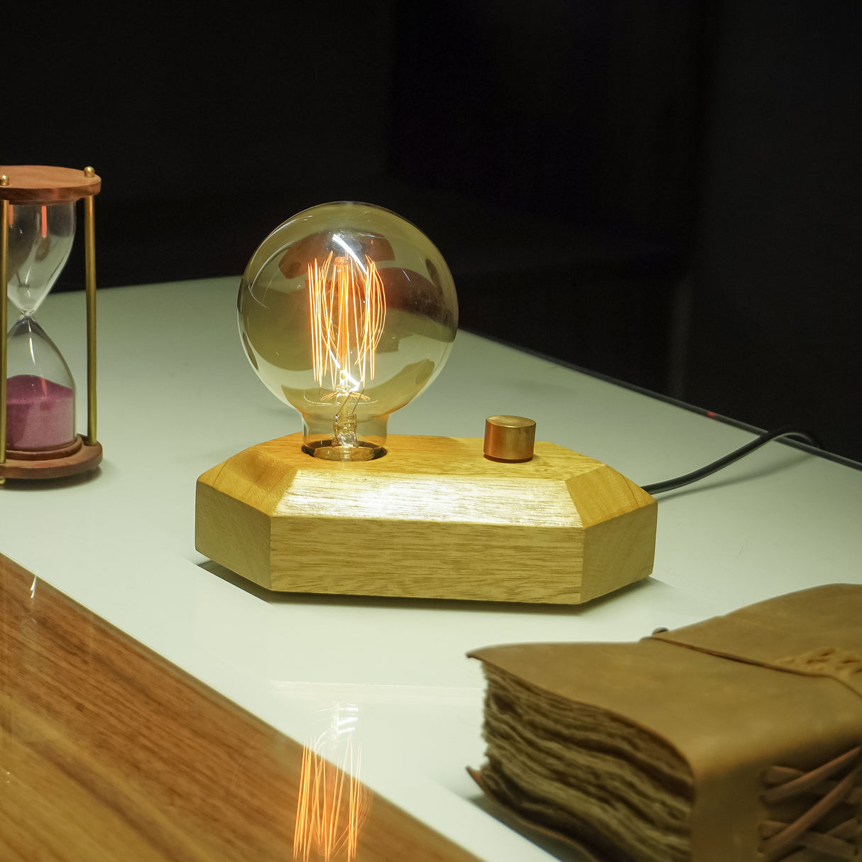 Handcrafted Geometric Wooden Lamp with Adjustable Glow