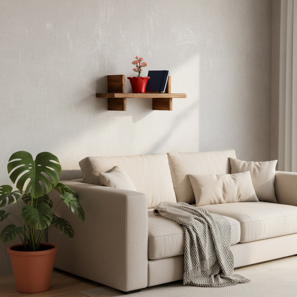 Wooden Floating Shelf Wall Mounted – Minimal Ledge Shelf for Plants, Books, Bathroom & Entryway Decor