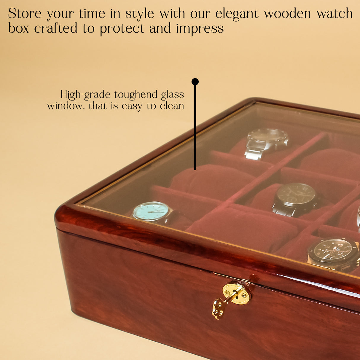 Premium Acacia Wood Watch Box, 12-Slot Luxury Watch Organizer with Key Lock.