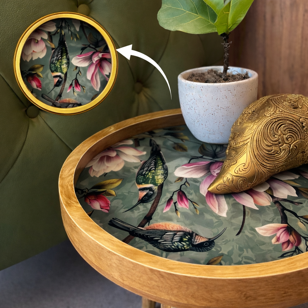 Handcrafted Wooden Round Coffee Table Set of 2 – Solid Wood Nesting Side Tables with Decorative Inlay Top for Living Room & Balcony