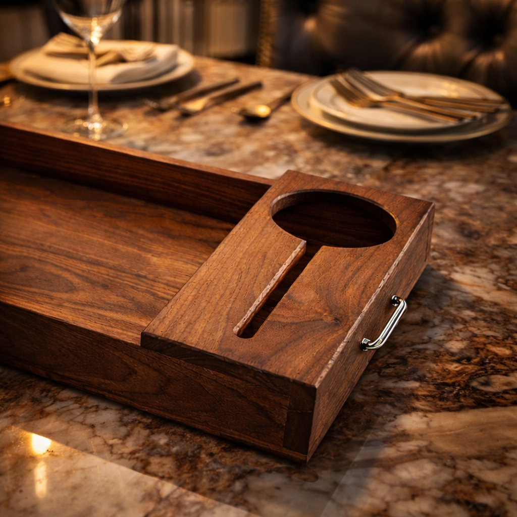 Wooden Wine Serving Tray for Bottle & Glasses – Charcuterie Board with Bronze Handles