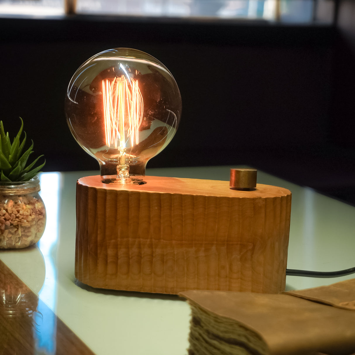 Oval Textured Wooden Lamp with Adjustable Glow