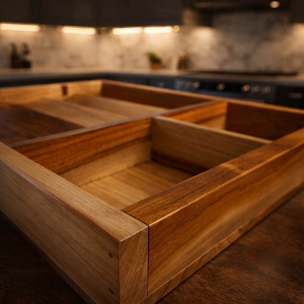 Premium Solid Wood Kitchen Drawer Organizer with Spice Jar & Cutlery Compartments โ Handcrafted Modular Storage Tray for Neat & Elegant Kitchens