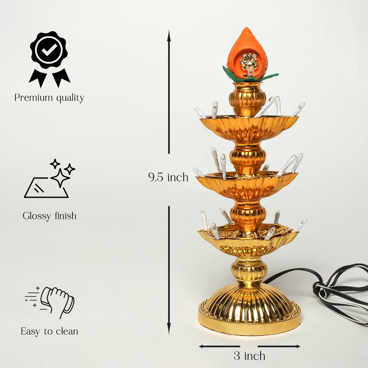 Saleberate Electric Golden LED Diya Lamp with Flame Design | Multi-Layer Temple Pooja Diya Light for Home, Mandir & Festivals