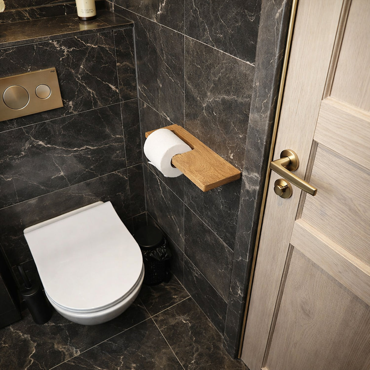 Wooden Toilet Paper Holder with Shelf – Stylish Bathroom Roll Holder with Phone Stand