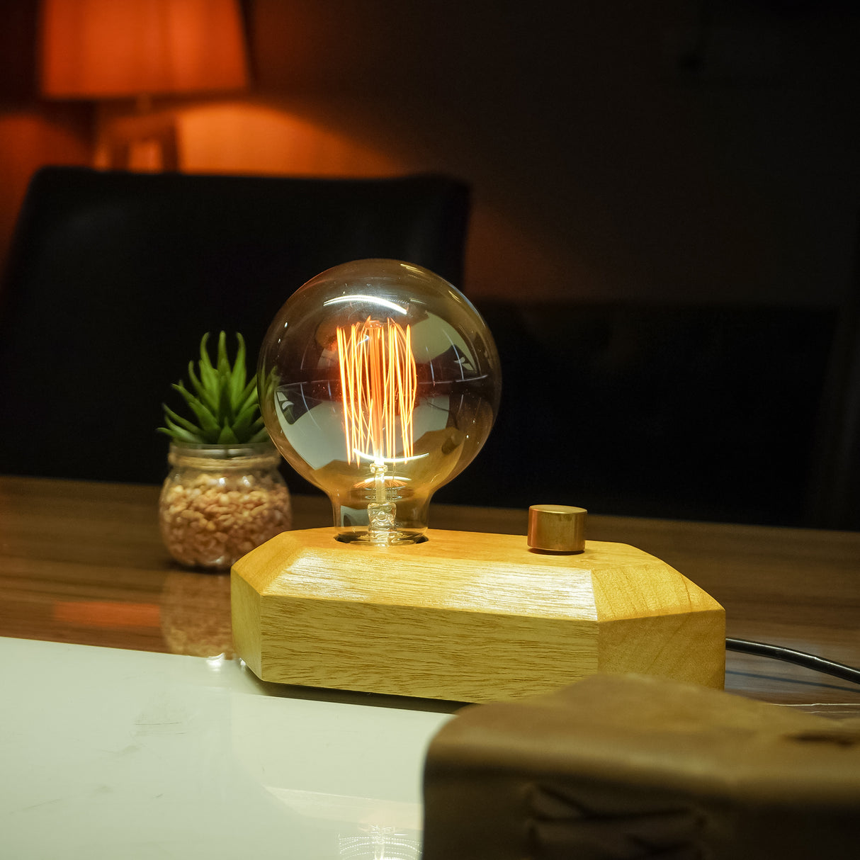 Handcrafted Geometric Wooden Lamp with Adjustable Glow
