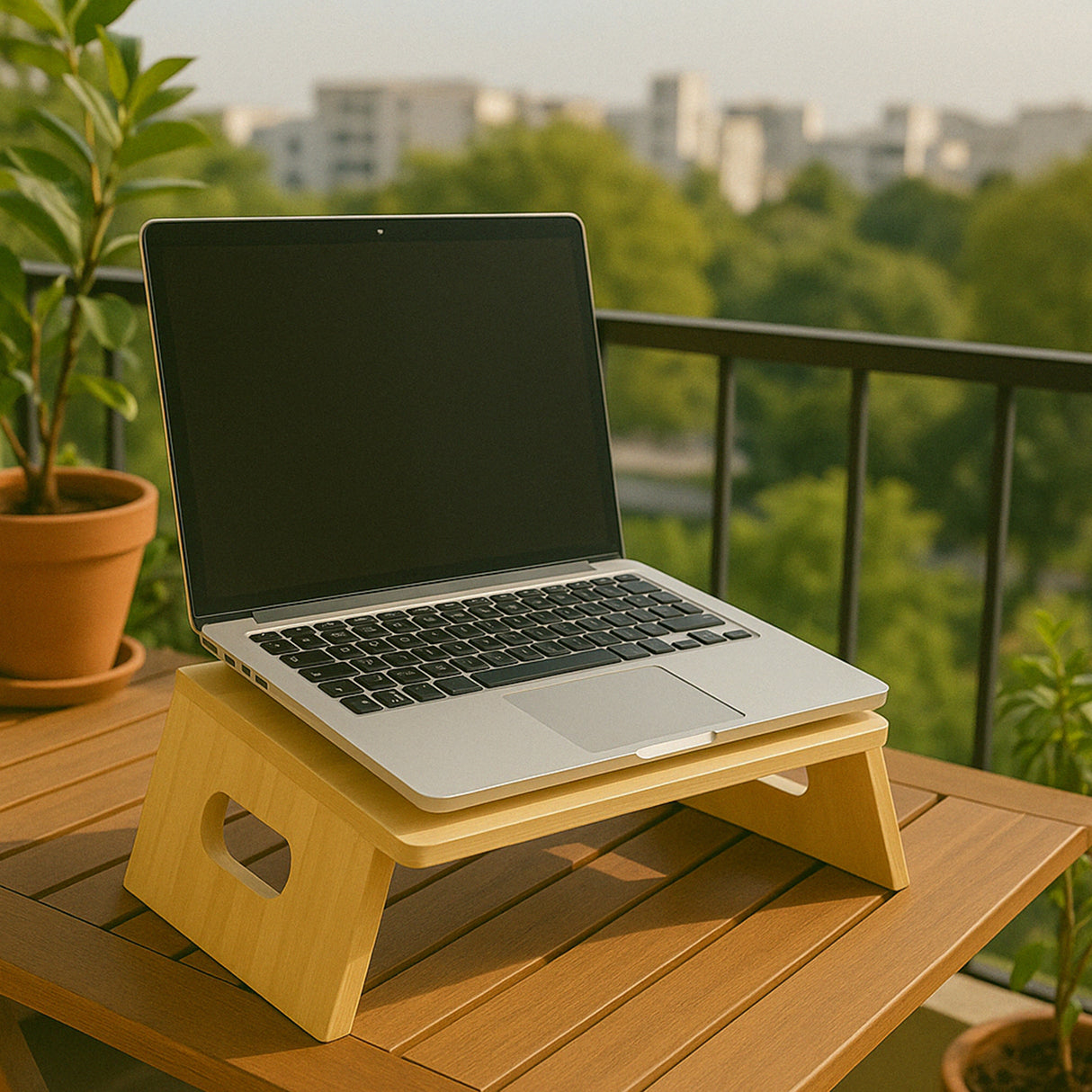 Wood Laptop Stand for MacBook โ Body-friendly Desk , Wooden Computer Holder, Office Accessories, Work from Home Gift, Workspace Organizer