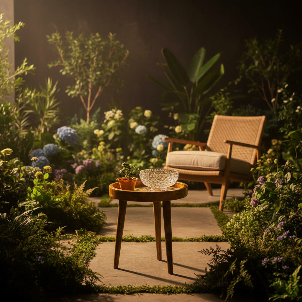 Handcrafted Wooden Round Side Table with Decorative Inlay Top – Solid Wood Accent Table for Living Room, Bedroom & Home Décor