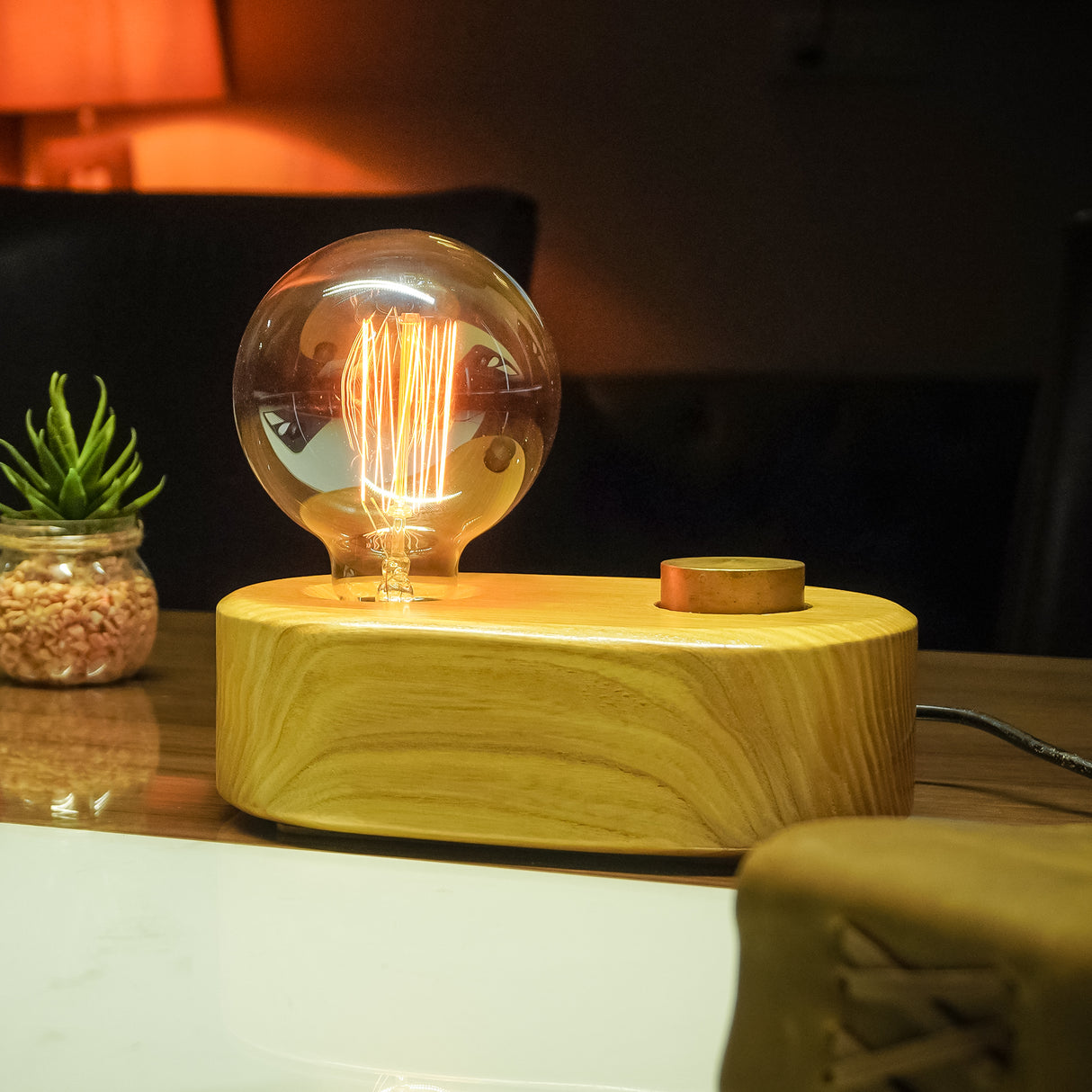Sleek Rounded Wooden Desk Lamp with Adjustable Glow