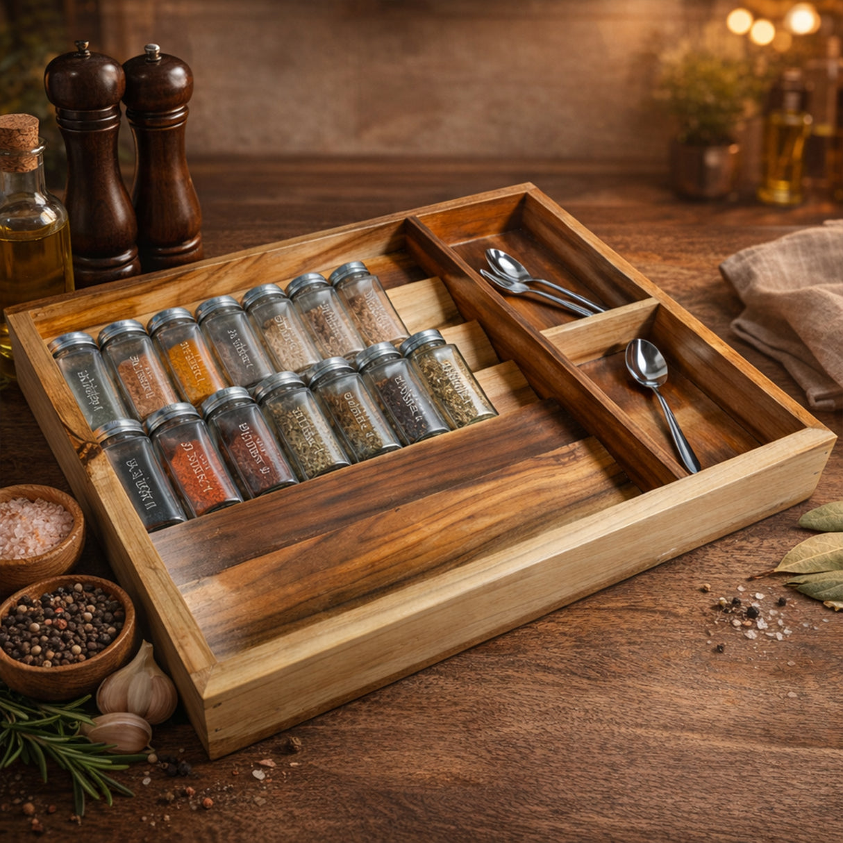 Premium Solid Wood Kitchen Drawer Organizer with Spice Jar & Cutlery Compartments – Handcrafted Modular Storage Tray for Neat & Elegant Kitchens