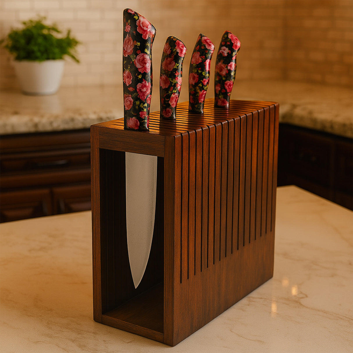 Handcrafted Wooden Knife Block Holder - Premium Countertop Knife Organizer with Ventilated Slots