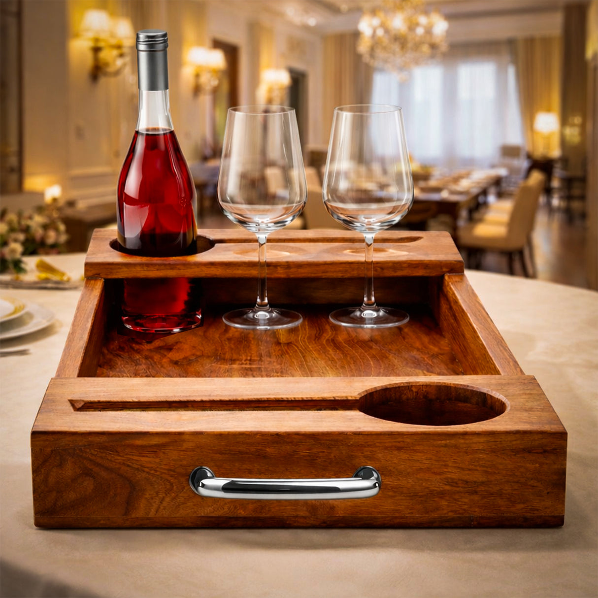 Wooden Wine Serving Tray for Bottle & Glasses – Charcuterie Board with Bronze Handles