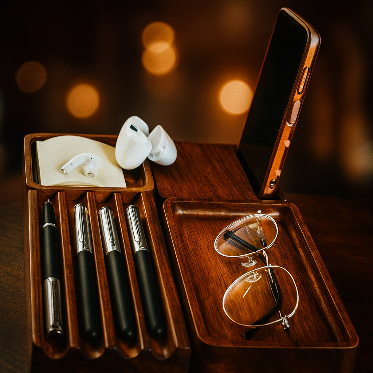 Premium Walnut Desk Docking Station – Handcrafted Wooden Organizer for Phone, Glasses & Daily Essentials