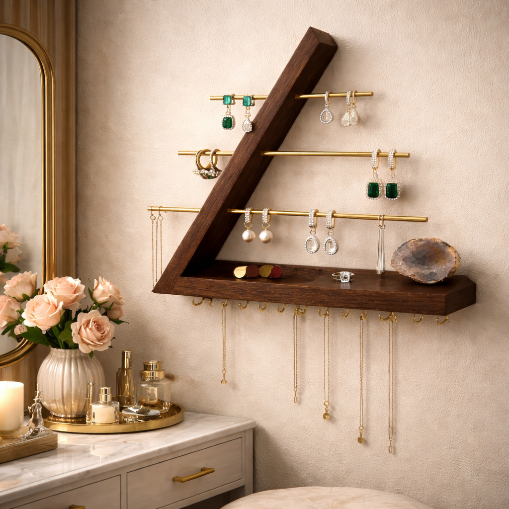 Modern Wooden Jewelry Organizer Wall Shelf with Brass Bars – Sculptural Display & Storage Rack for Necklaces, Earrings & Rings