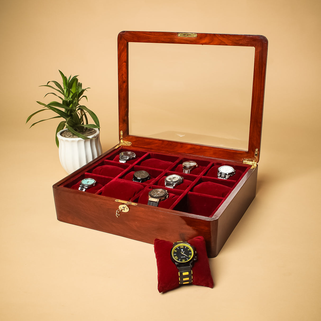 Premium Acacia Wood Watch Box, 12-Slot Luxury Watch Organizer with Key Lock.