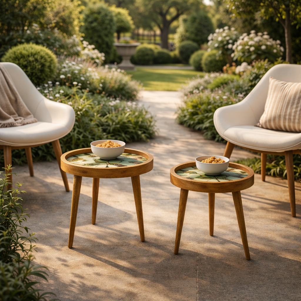 Handcrafted Wooden Coffee Table Set of 2 – Round Nesting Side Tables with Floral Inlay Top – Solid Wood Accent Tables for Living Room, Balcony & Bedroom Décor