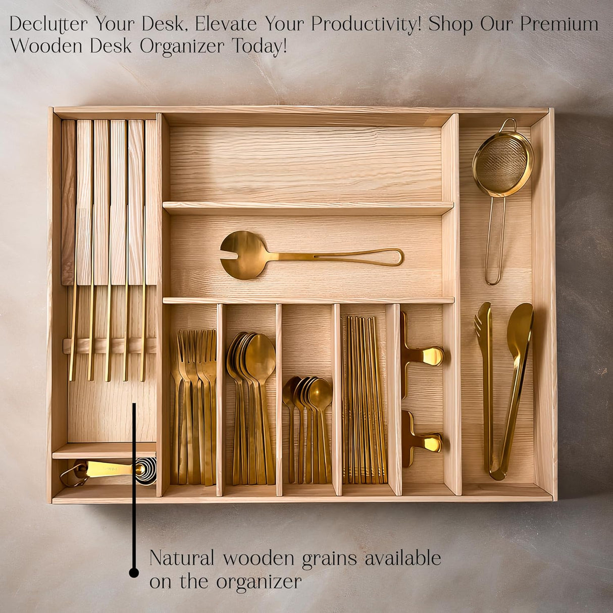 Kitchen Drawer Organizer Flatware Utensil and Knife Storage Tray Natural Wood Silverware Holder for Neat and Stylish Organization.