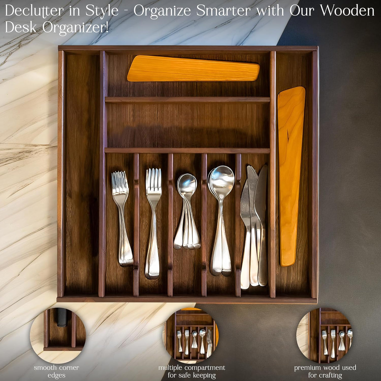 Kitchen Drawer Organizer Flatware Utensil and Knife Storage Tray Natural Wood Silverware Holder for Neat and Stylish Organization.