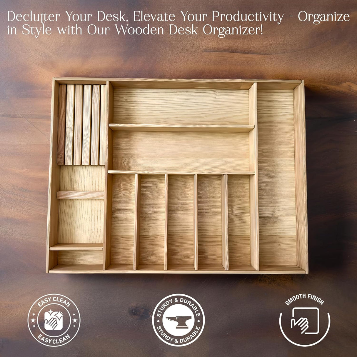 Kitchen Drawer Organizer Flatware Utensil and Knife Storage Tray Natural Wood Silverware Holder for Neat and Stylish Organization.